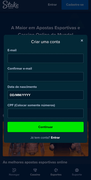 Formulário de cadastro em um site de bingo online legalizado
