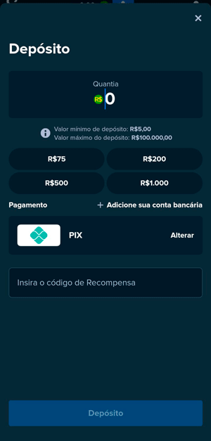 Interface de depósito da Stake