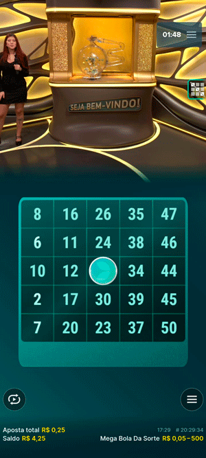 Cartela do bingo ao vivo “Mega Bola da Sorte” na Stake
