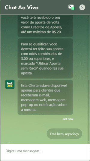 Exemplo de uso do chat na bet365