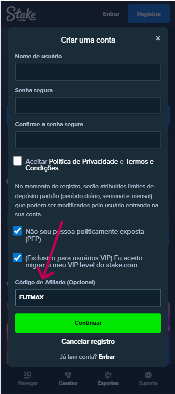 Captura de tela mostra o campo 'código de afiliado' da Stake, destinado para inserir FUTMAX e obter acesso às promoções
