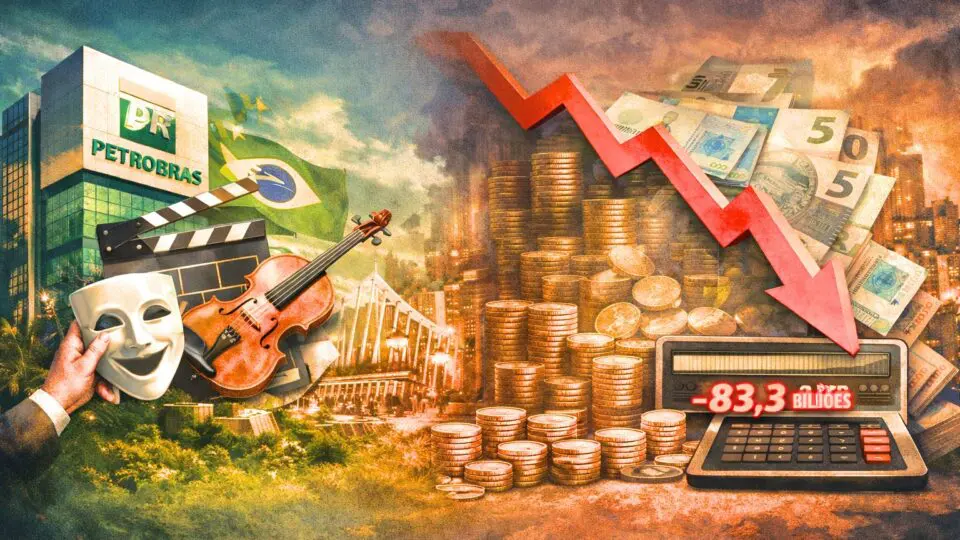 lustração editorial simbolizando o contraste entre o recorde de repasses de estatais para a Lei Rouanet e o gráfico de déficit nas contas públicas do governo federal