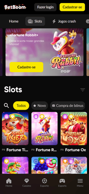 Seção de slots na Betboom mostra slots populares como Fortune Tiger, Fortune Rabbit e Fortune Ox
