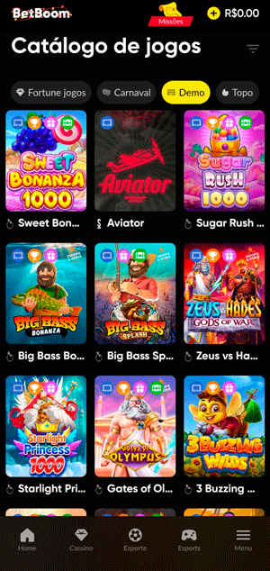 Página do catálogo de jogos da BetBoom com o filtro de modo demo
