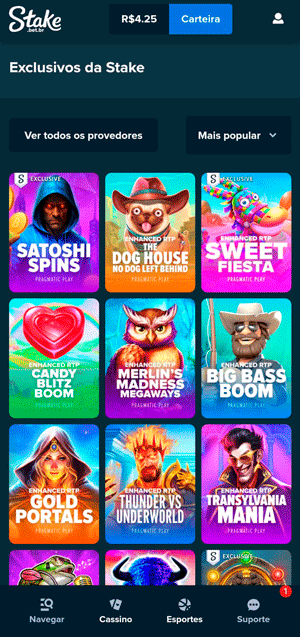 Página de jogos exclusivos da Stake com slots desenvolvidos pela Pragmatic Play