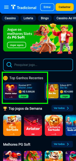 Página inicial do cassino da Tradicional Bet com destaque no top ganhos recente em um slot