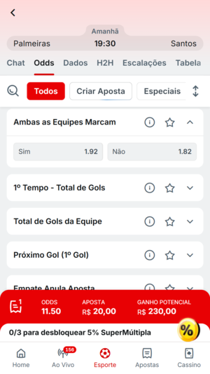 Odds para o mercado “Ambas as equipes marcam”, na Superbet