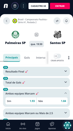 Odds para “Ambas as equipes marcam”, na Novibet