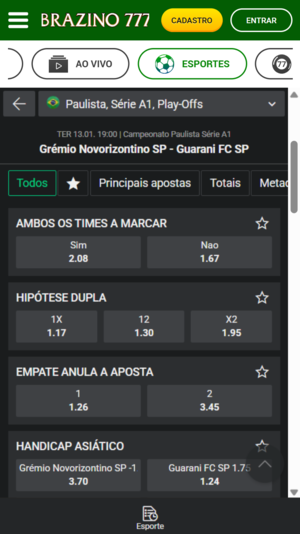 Odds para “Ambas as equipes marcam”, na Brazino777