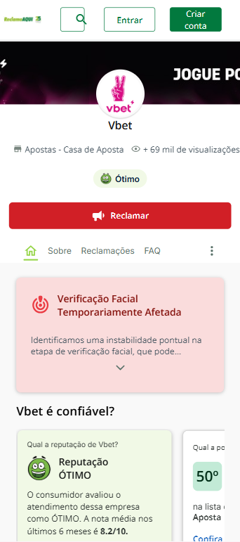 Captura de tela mostra interface da Vbet no ReclameAqui, com nota de avaliação 8.2 e reputação considerada "Ótima"