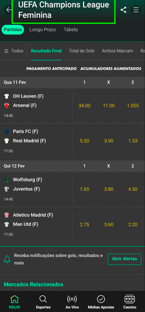 Interface de apostas em um jogo da Champions League Feminina na bet365
