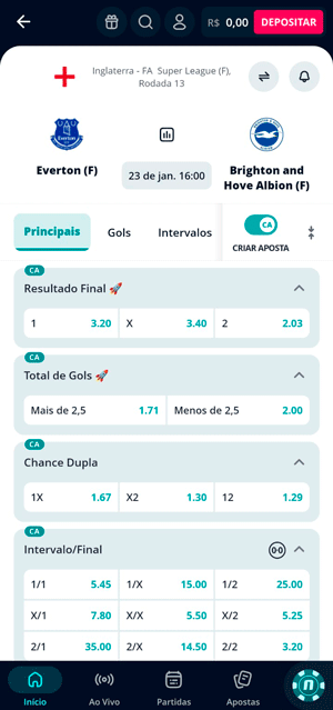 Interface de mercados com Criar Aposta de um jogo da Super League Feminina na Novibet
