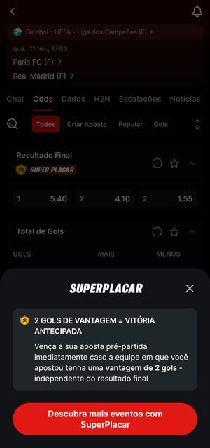 Oferta “SuperPlacar” de pagamento antecipado em campeonato de futebol feminino na Superbet
