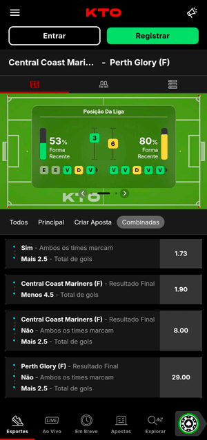 Seção de apostas combinadas em partida de um campeonato de futebol feminino na KTO 