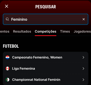 Aba de pesquisa com resultados para competições femininas na Superbet
