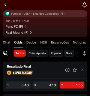 Seleção de palpite no mercado de 1X2 em um jogo da Liga dos Campeões Feminina na Superbet
