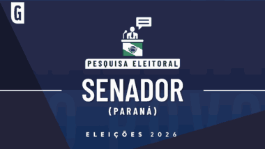Ilustração feita pela Gazeta do Povo sobre pesquisa eleitoral nas Eleições 2026 com as palavras Senador e Paraná, e a bandeira do Paraná.