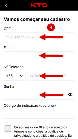 Terceiro passo no tutorial de cadastro da KTO
