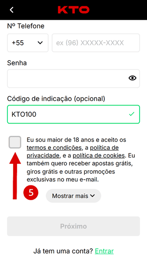 Quinto passo no tutorial de cadastro da KTO