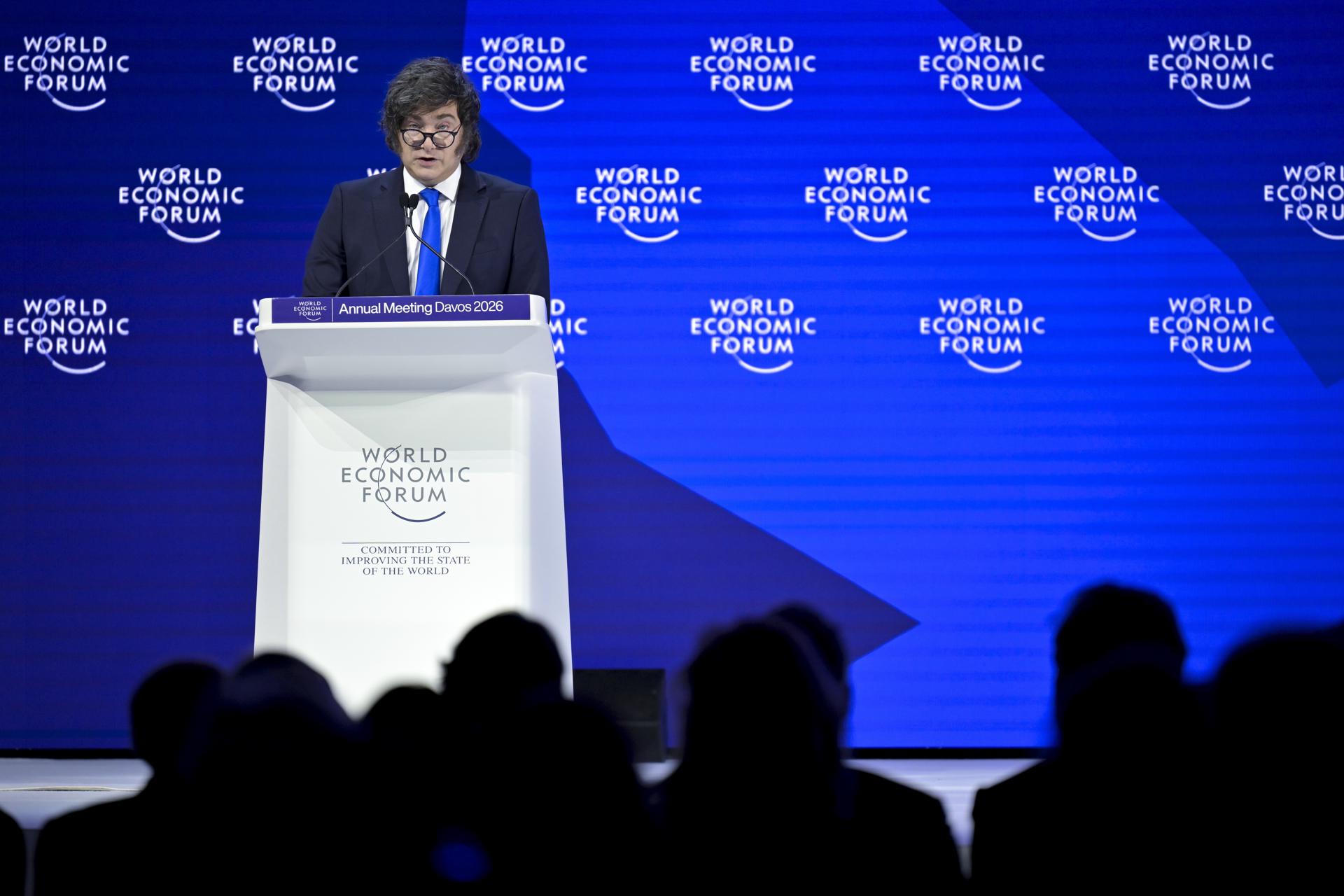 O presidente da Argentina, Javier Milei, durante discurso no Fórum Econômico de Davos, nesta quarta (21).