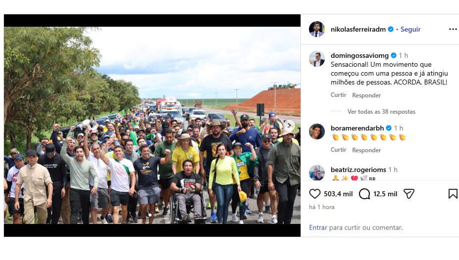 Nikolas Ferreira tem relatado histórias de presos do 8/1 e outros perseguidos políticos durante a caminhada: “Daniel Silveira foi o primeiro a ser preso por opinião”