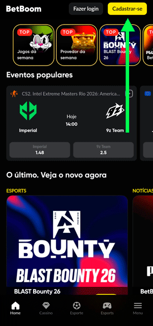Página inicial da BetBoom com destaque para o botão “Cadastrar-se”