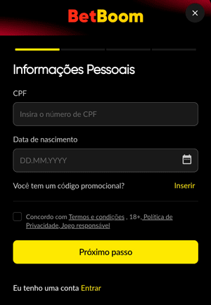 Formulário de cadastro da BetBoom para digitar as informações pessoais
