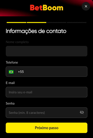 Segunda etapa do formulário de cadastro da BetBoom para inserir informações de contato
