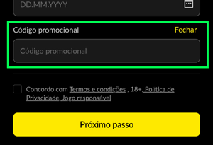 Seção para digitar o código promocional no formulário de cadastro da BetBoom