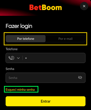 Formulário de Login para entrar na conta da BetBoom ou recuperar a senha