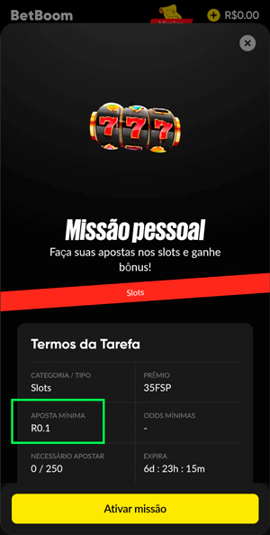 Captura de tela de uma missão na BetBoom, com aposta mínima de R$ 0,10