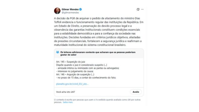 Gilmar Mendes recebe nota da comunidade em post sobre suspeição de Toffoli