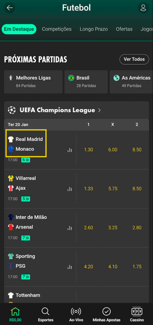 Interface de partidas de futebol na bet365, com destaque em jogos da Champions League