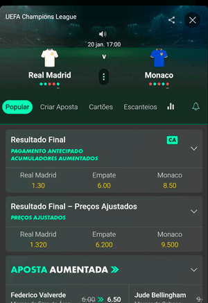 Interface dos mercados da partida Real Madrid vs Monaco na bet365