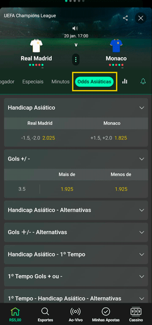 Mercados de handicap asiático na bet365 na seção “Odds asiáticas” do jogo Real Madrid vs Monaco