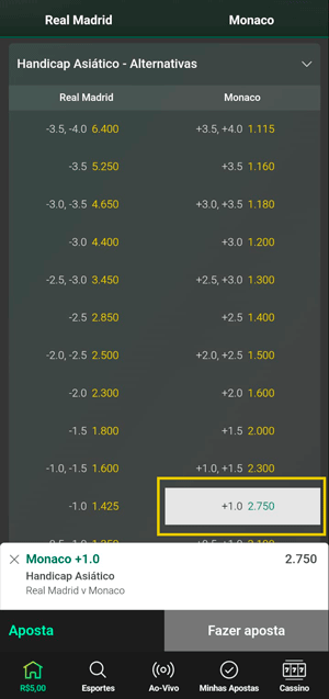 Selecionando linha de handicap asiático no jogo entre Real Madrid e Monaco na bet365
