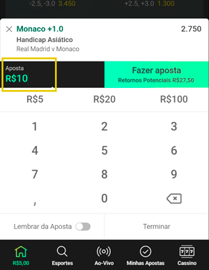 Definindo valor da aposta na linha +1.0 de handicap asiático na bet365
