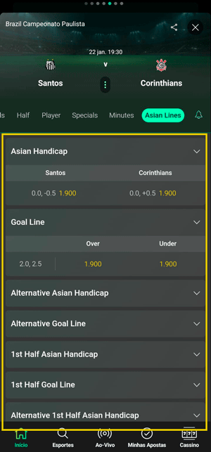 Seção de “Odds asiáticas” em jogo do Campeonato Paulista na bet365 que exibe os mercados disponíveis de handicap asiático
