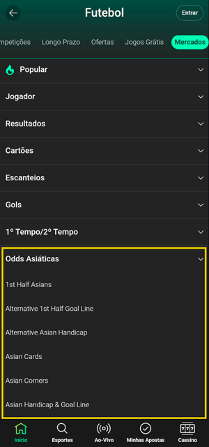 Seção de mercados no futebol disponíveis para os próximos eventos na bet365, com destaque nos palpites da seção “Odds asiáticas”