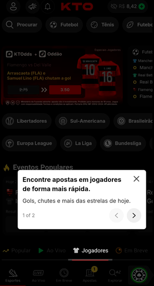Interface da KTO que exibe tutoriais durante a navegação para ajudar a encontrar mercados de jogadores
