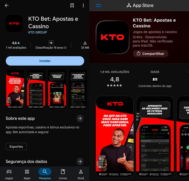 Montagem com prints da página do aplicativo oficial da KTO disponível na Play Store e Google Play
