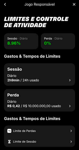 Seção de limites de jogo responsável da KTO, que permite estabelecer o limite de tempo e perdas por um período específico
