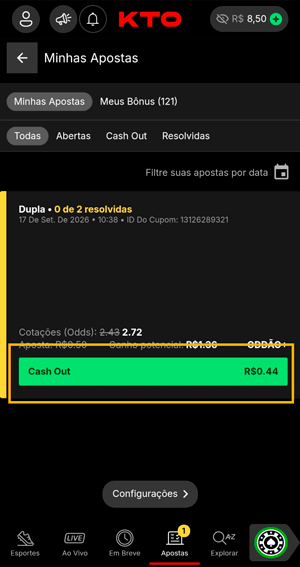 Área de “Apostas” na KTO, com destaque para o botão de Cash out disponível em um palpite esportivo
