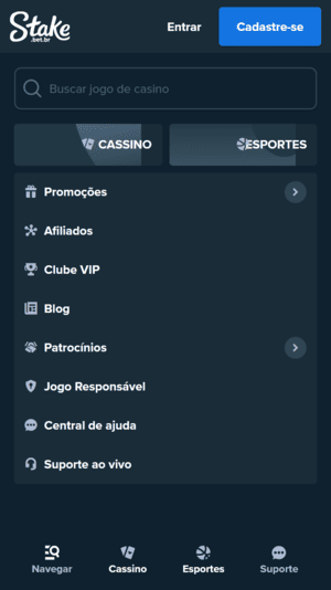 Tela de navegação da Stake
