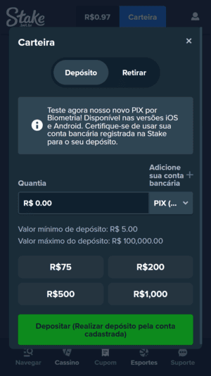 Tela de pagamentos na Stake
