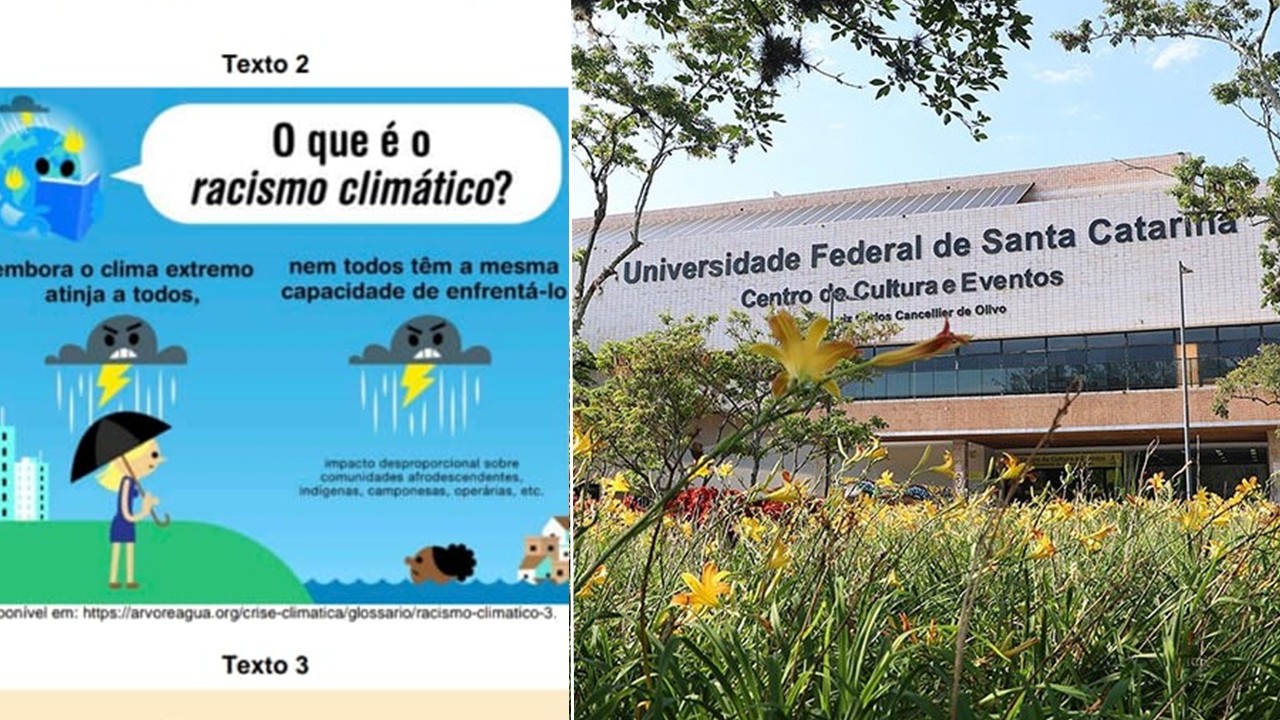 Enquanto o processo seletivo geral da UFSC teve 80 questões, perguntas discursivas e redação, a prova para cotas teve 30 perguntas e redação com tema “racismo climático