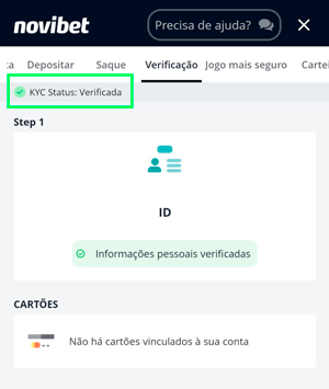 Interface da conta de usuário na Novibet com status de KYC verificado  
