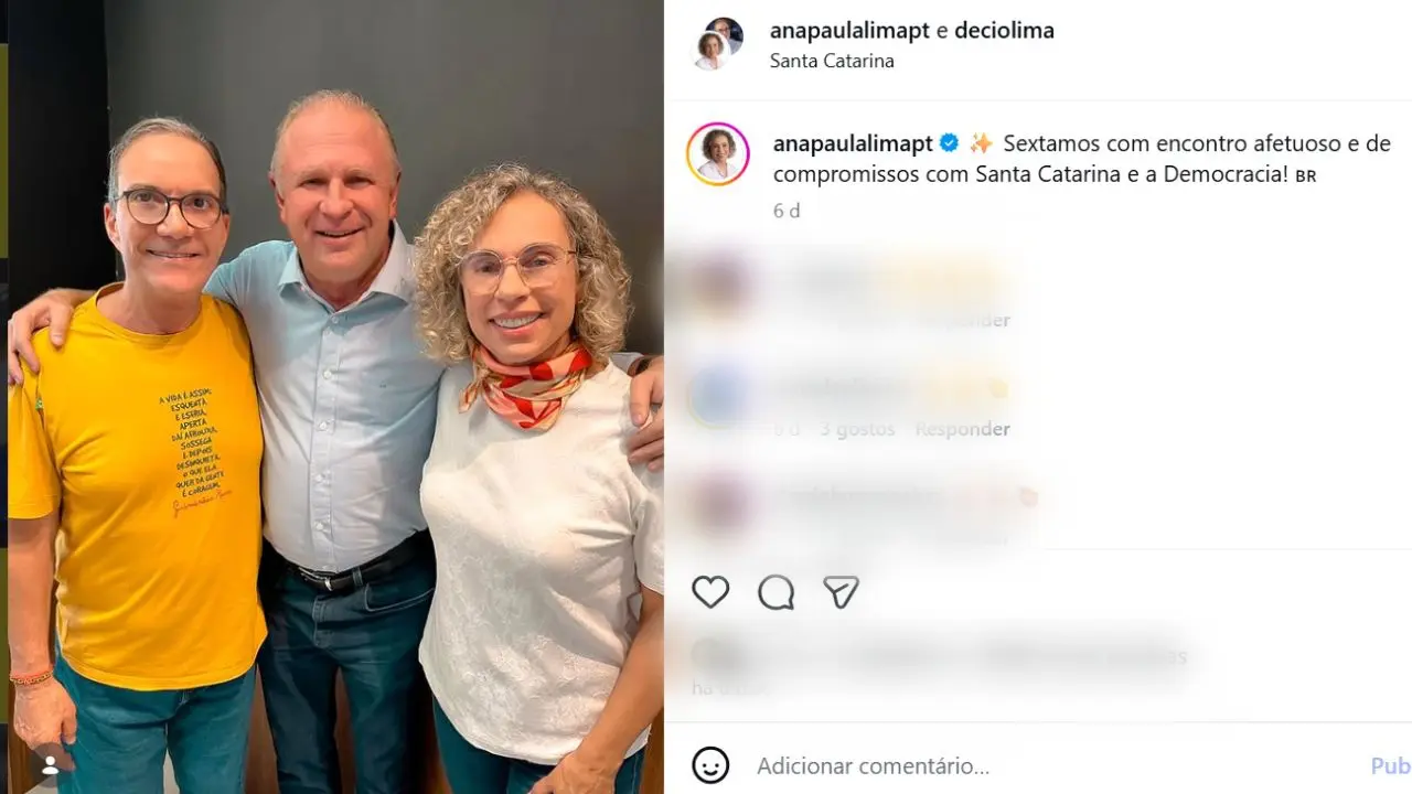 Gelson Merísio apareceu ao lado da deputada federal Ana Paula Lima e do presidente do Sebrae Nacional Décio Lima, que também é um nome de confiança do presidente Lula.