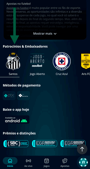 Rodapé da plataforma da Novibet que exibe seus patrocínios esportivos, como ao Santos