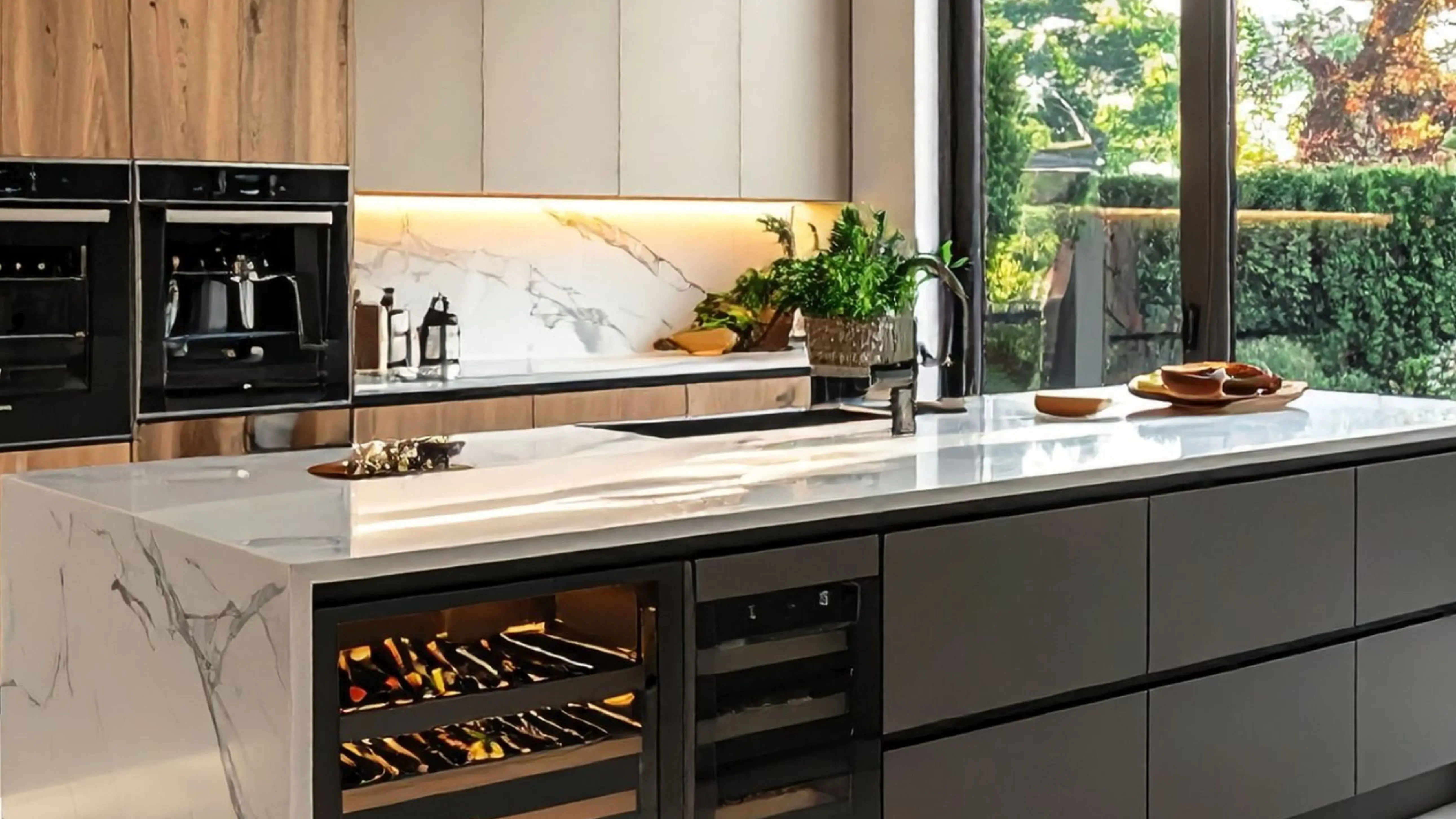 Cozinha contemporânea com materiais nobres e iluminação precisa, marca do estilo de Andria Tagliari.